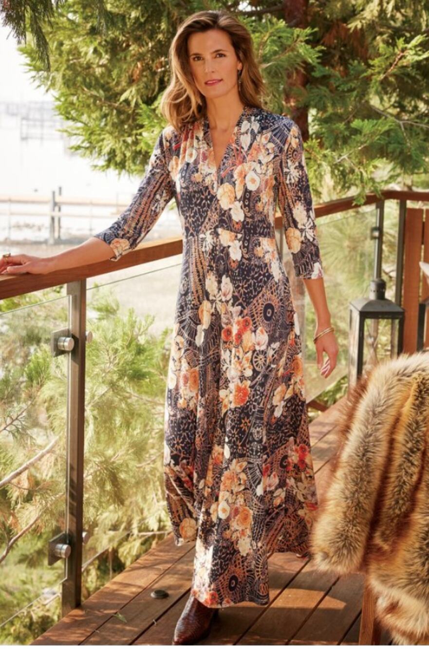 SOFT SURROUNDINGS Adamaris Floral 3/4 Sleeve Maxi Dress // XL Petite